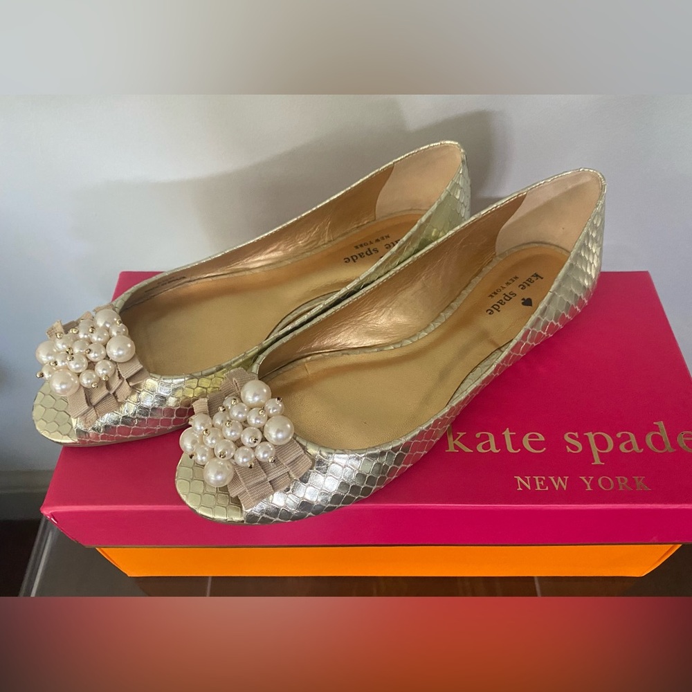 Kate Spade Ollie Embellished Flat in Gold Snake Embossed Leather with Pearls
